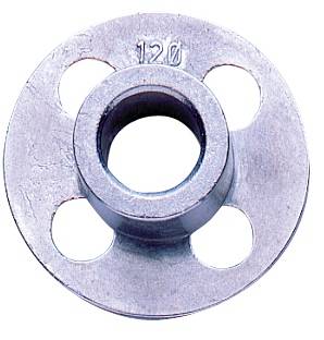 Metal disc with four holes and the number '120' impressed at the top.