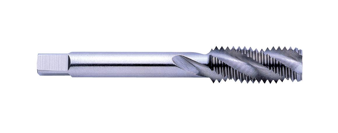This image shows a silver-coloured tap used for cutting threads in metal components.