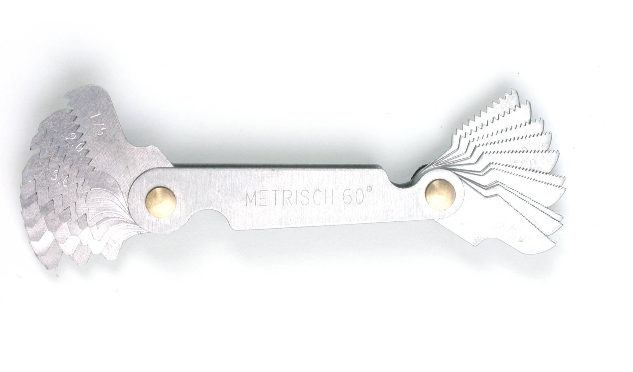 Tool for measuring thread pitches with multiple metal blades, labelled 'METRIC 60°'.