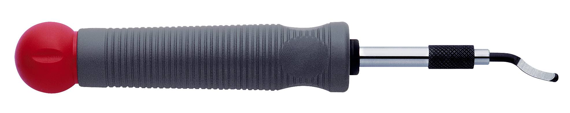 A deburring tool with a grey handle and a red ball at the end, used for removing burrs from workpiece edges.