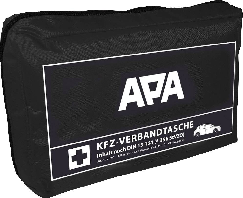 Black vehicle first aid kit with white print, 'APA' logo, car first aid box symbol, and reference to DIN standard 13 164.