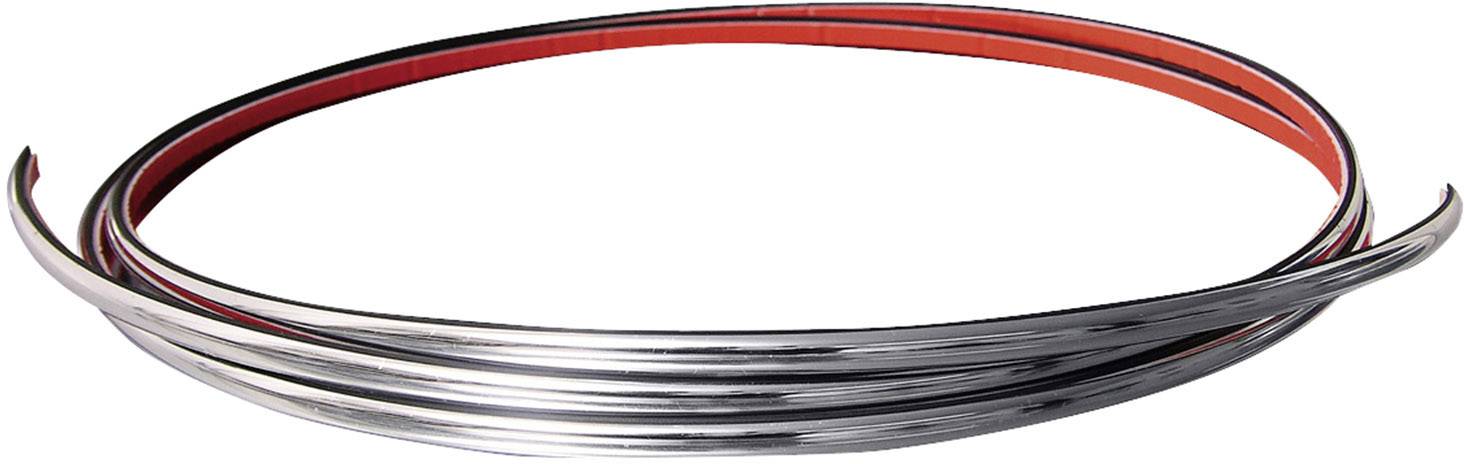 A set of shiny metal decorative strips, wound in a circle, with a red-coloured inner surface.