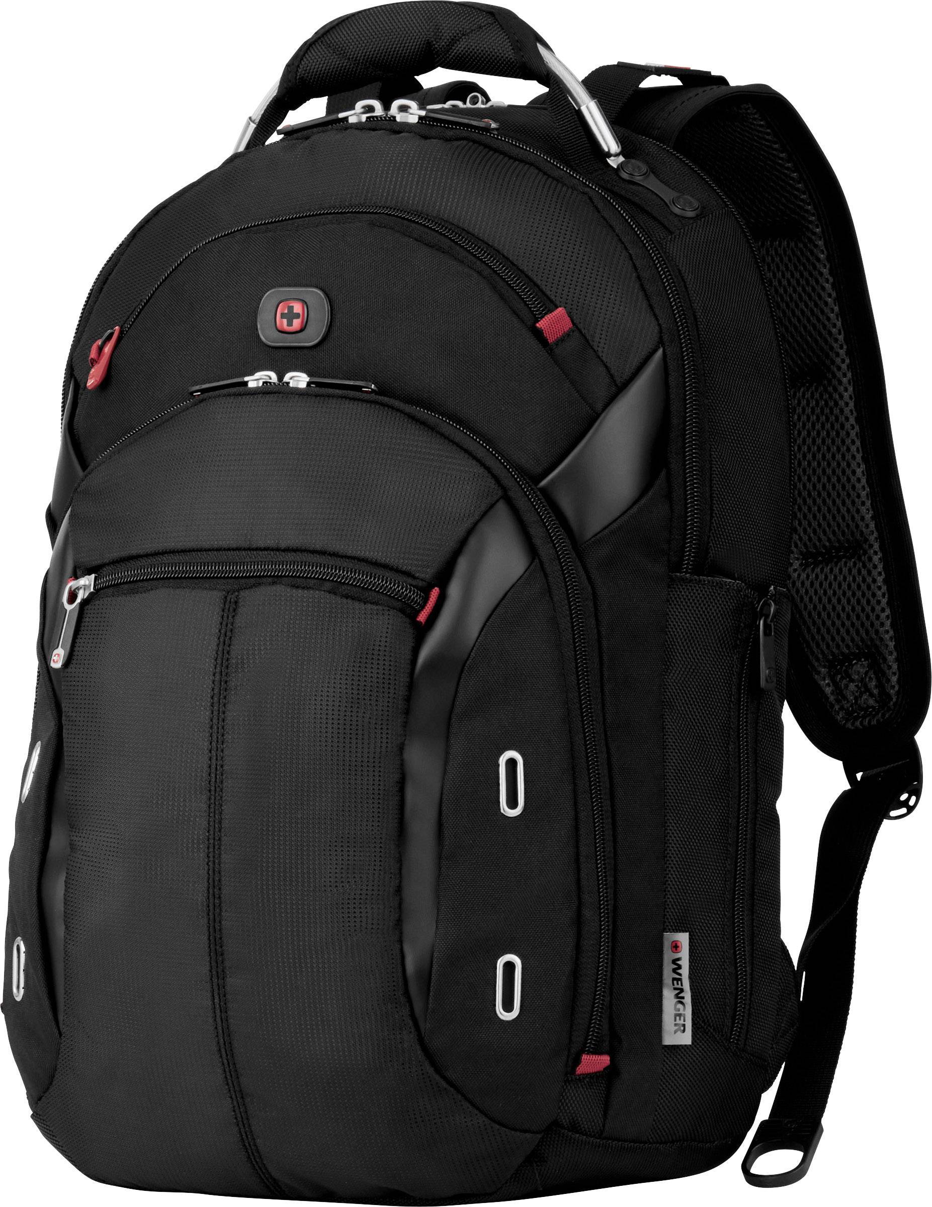 A black rucksack with multiple compartments and red accents. Suitable for daily use or travelling.