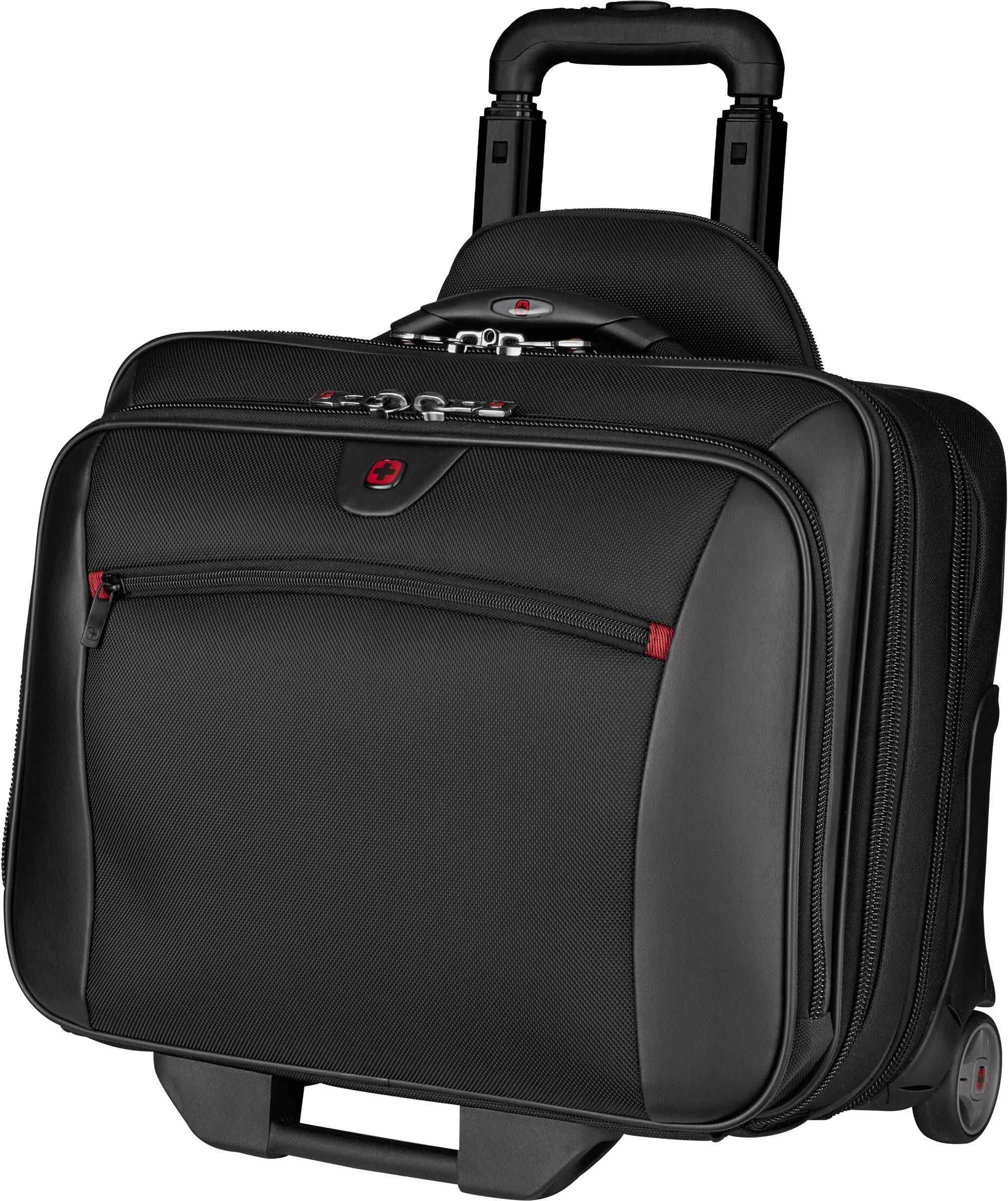 A black wheeled suitcase with red details and multiple zip compartments, perfect for business trips or short breaks.