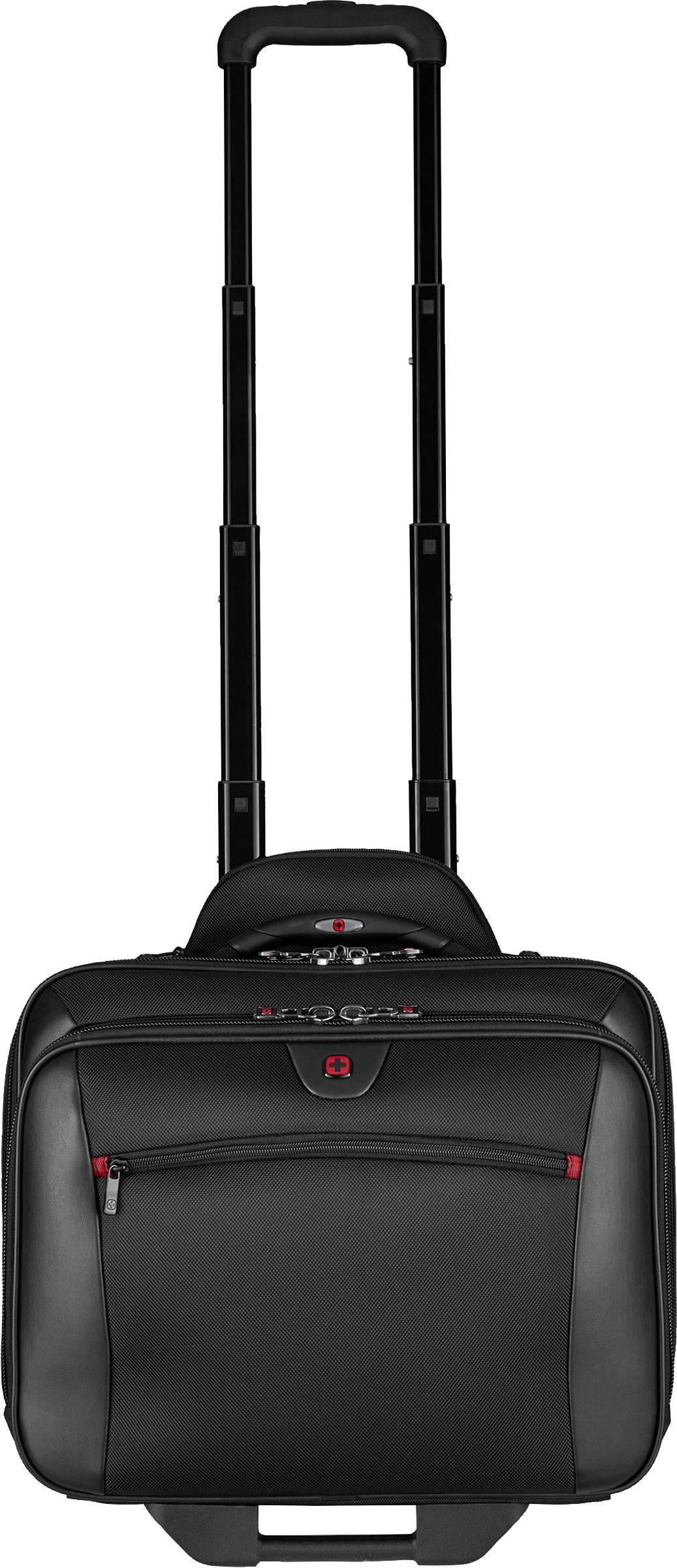 Black wheeled suitcase with telescopic handle, front view. One main compartment with zip and small red logo visible.