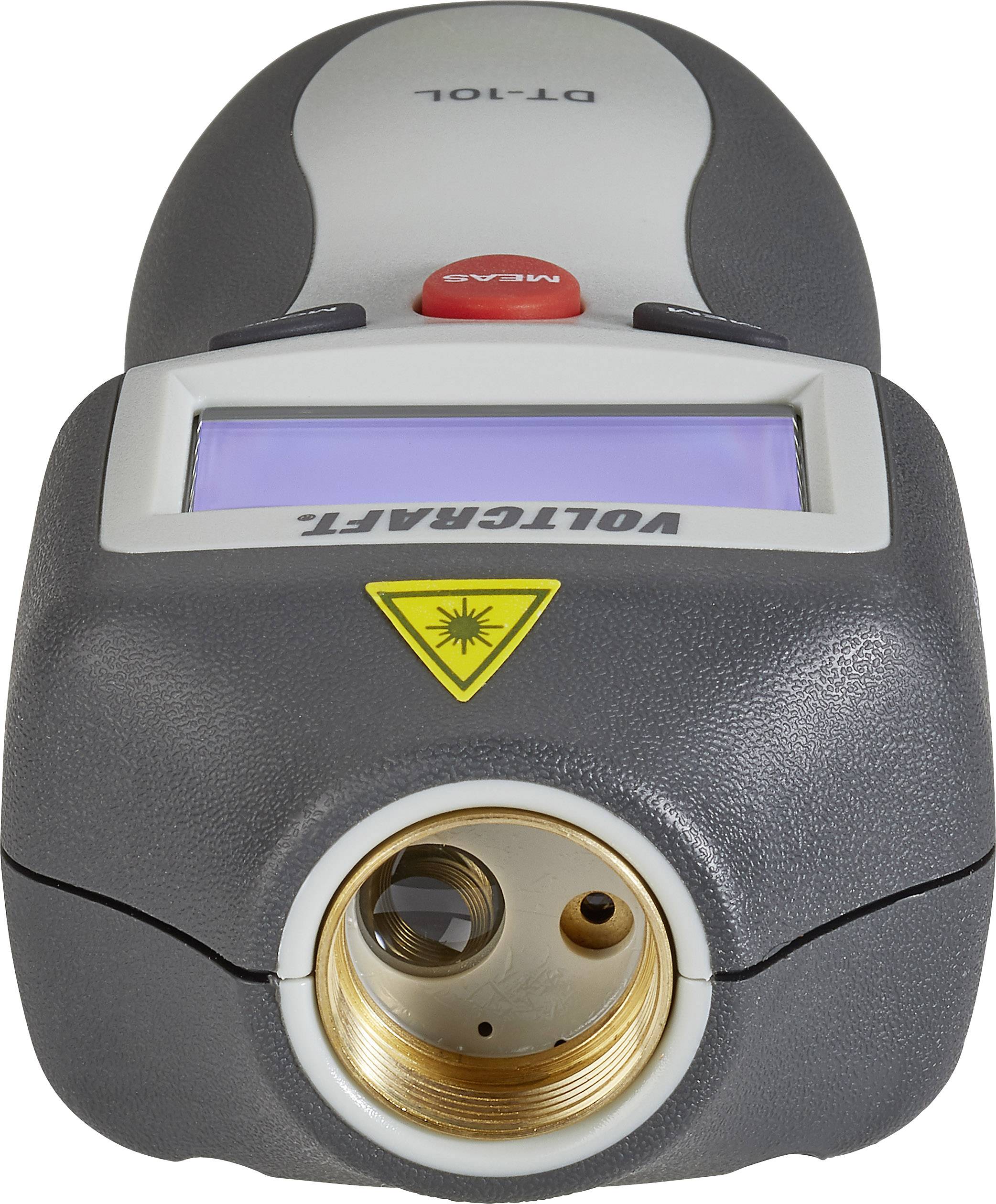 A digital infrared thermometer with display, model number 'DT-101', for temperature measurement, with a yellow laser warning symbol.