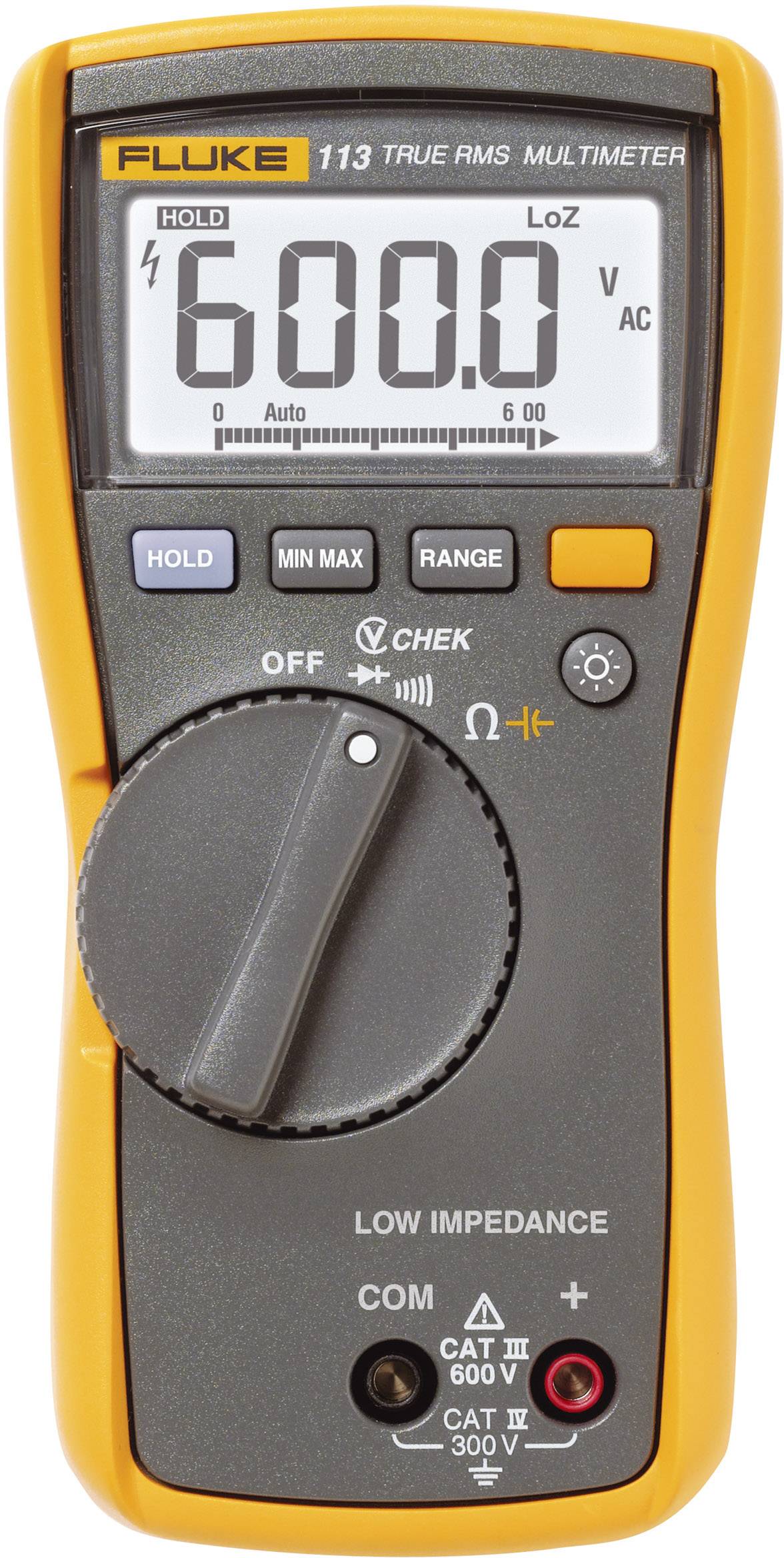 A multimeter displays '600.0 V' on the display. The top of the device features buttons for Hold, Min/Max and Range, along with a rotary dial for selecting the measurement range.