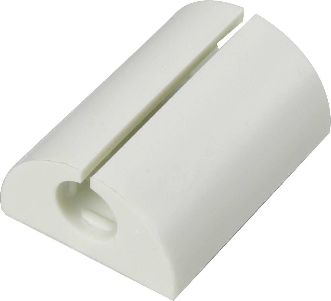 A white cylinder with a bevelled edge and a slot at the top, evidently a component or a mounting bracket.