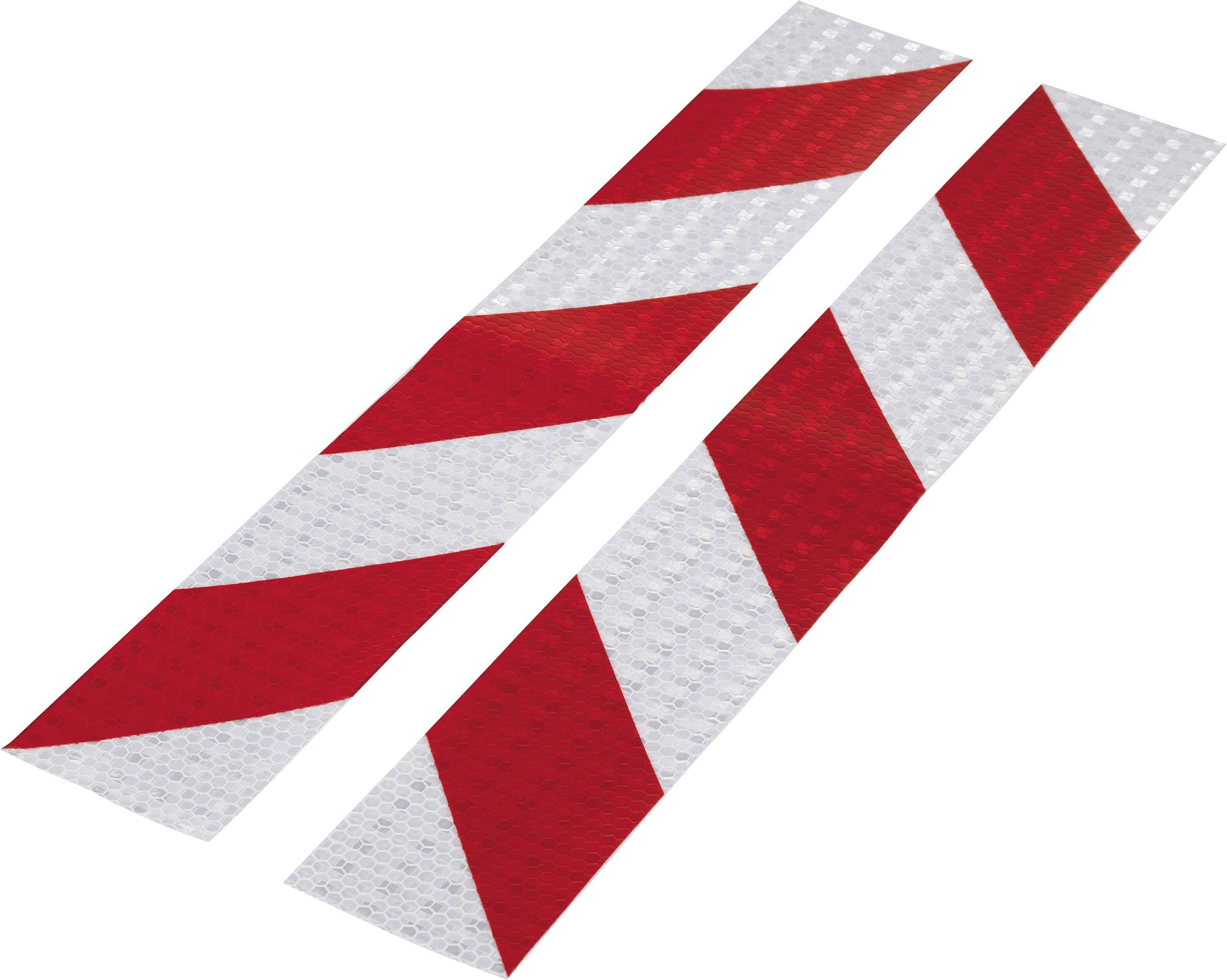 Red and white reflective stripes as warning markings on narrow rectangular surfaces, for safety identification.