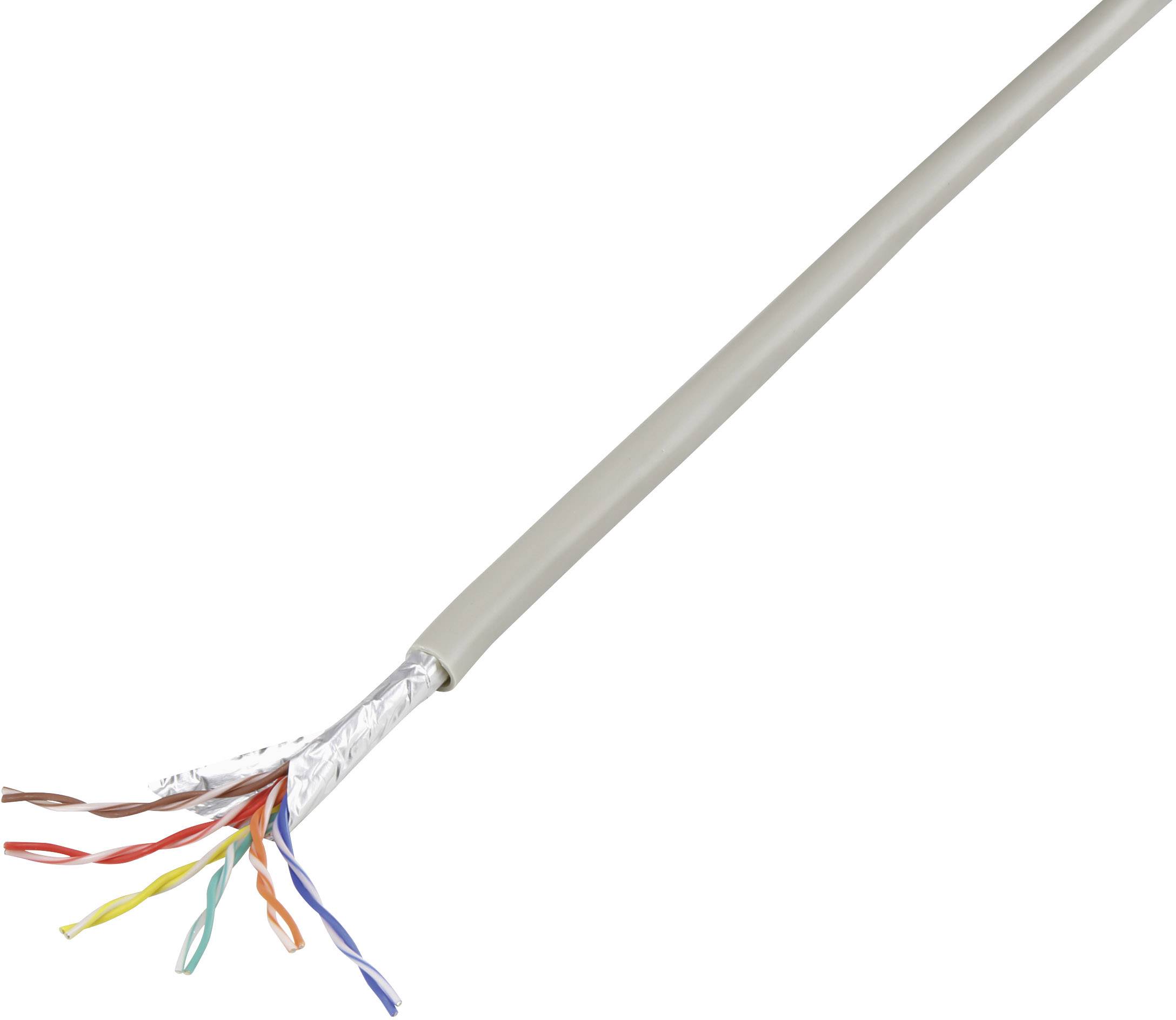 A network cable with exposed, colour-coded wires at the end, revealing internal twisting and shielding.