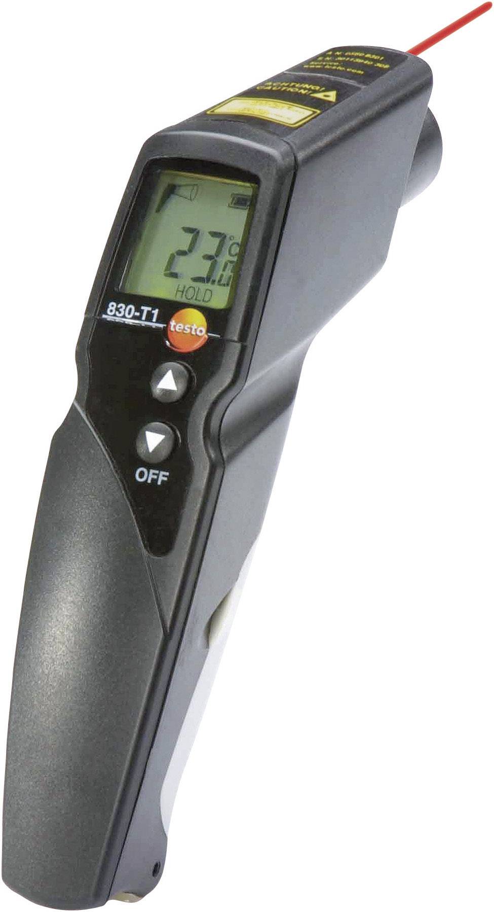 A digital infrared thermometer 830-T1 displays a temperature of 23.7°C on its display. It is being held in the hand.