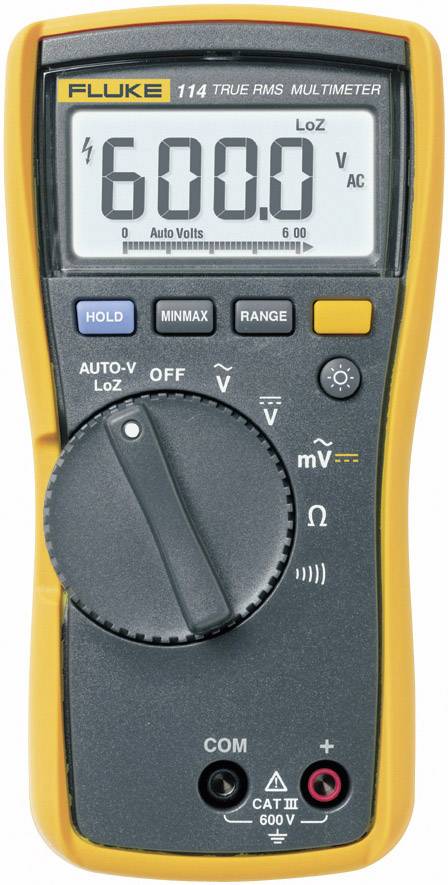 A digital multimeter by Fluke with a measured value of '600.0 V AC' displayed on the screen. Features various measurement settings.