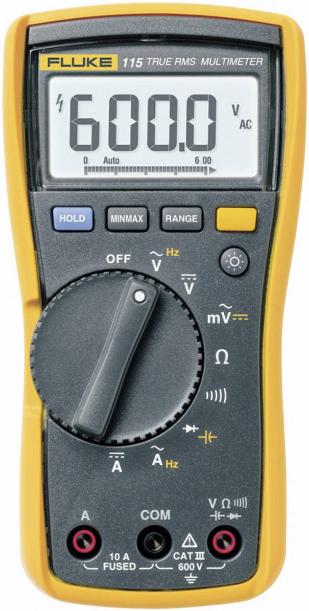 A digital multimeter with a yellow casing displays 600.0 volts of alternating current on the display. The selector switch and buttons are visible.