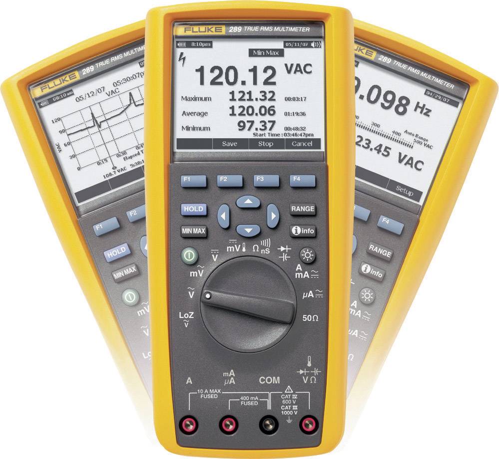 Digital multimeter with a yellow casing displays voltage measurements on its screen. It has a rotary dial and various function buttons.
