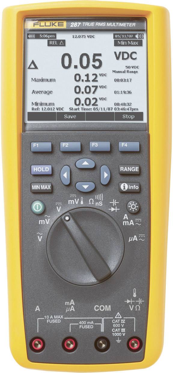 A portable digital multimeter with a display showing a measurement of 0.05 VDC, surrounded by function buttons.