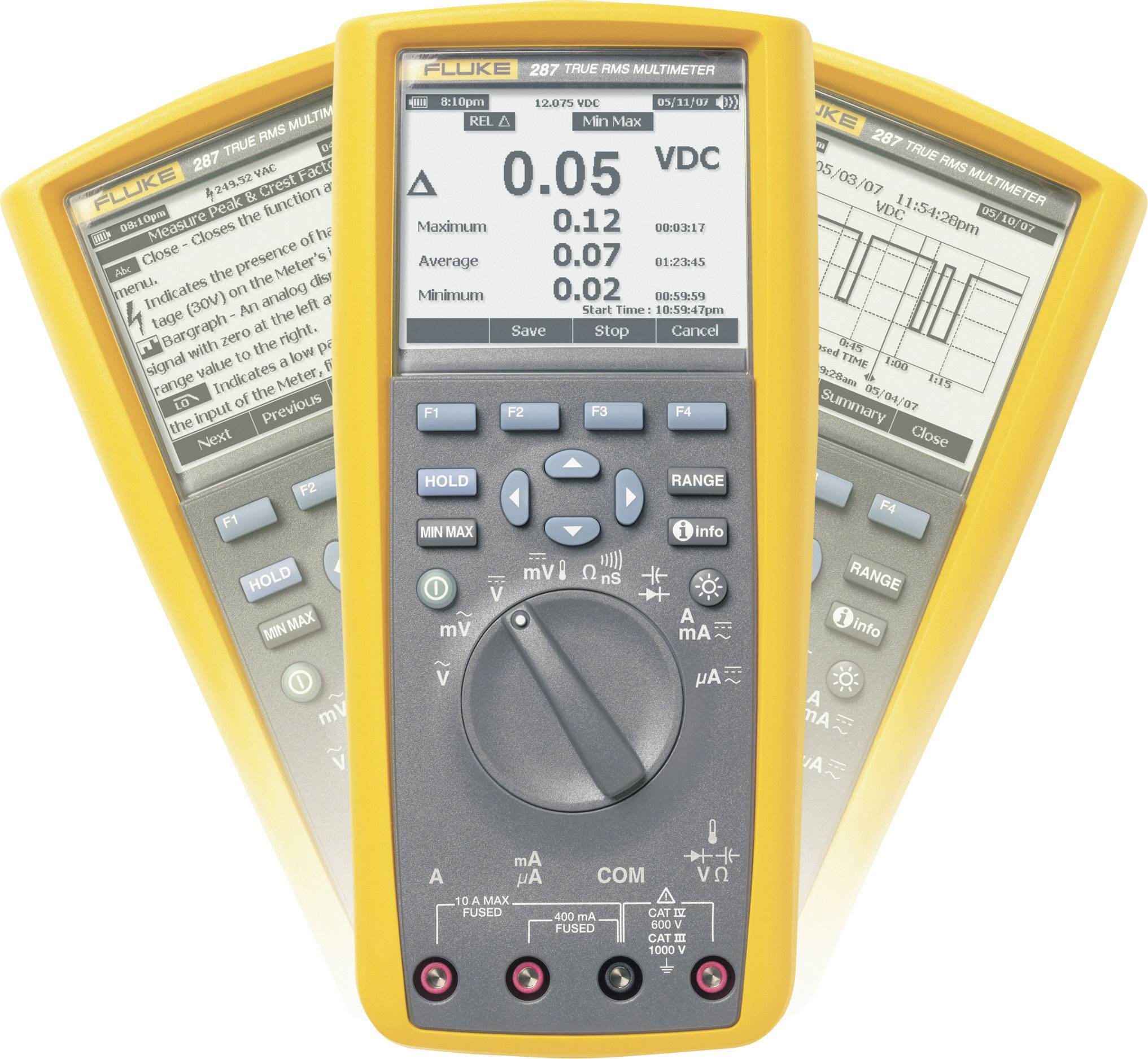 A digital multimeter with a yellow protective case, displaying voltage measurements in VDC. It features three measurement modes and a graphical display.
