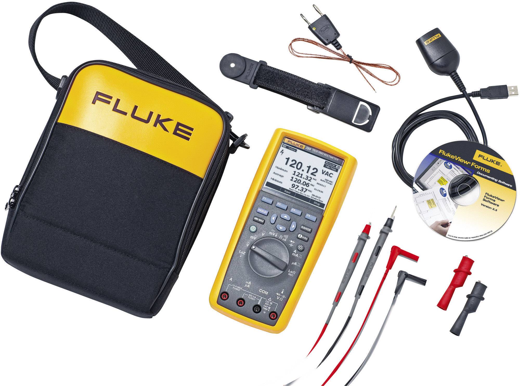 Multimeter set with a yellow digital multimeter, black carrying case, test leads, crocodile clips, CD, and accessory parts.