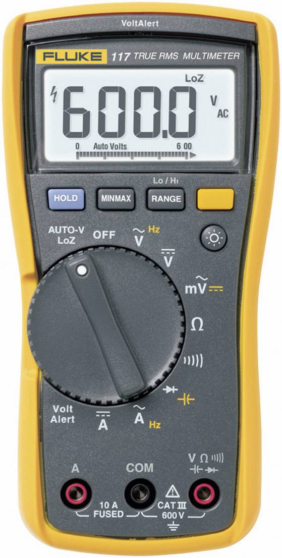 A yellow multimeter displays '600.0 V AC' on its display. It has various buttons and switches for voltage and current measurement.
