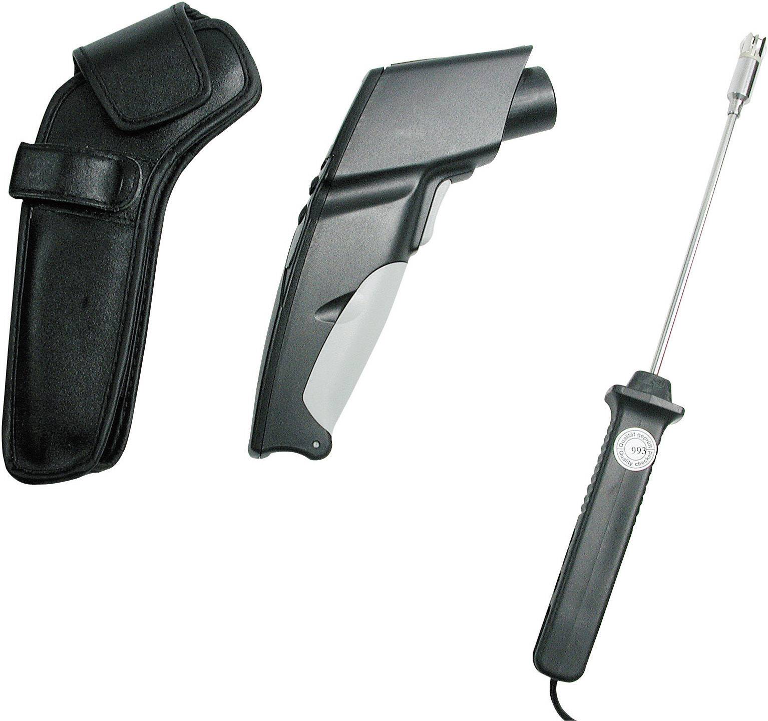 Electronic grill thermometer with cable and digital display. Beside the thermometer lies a black protective cover.