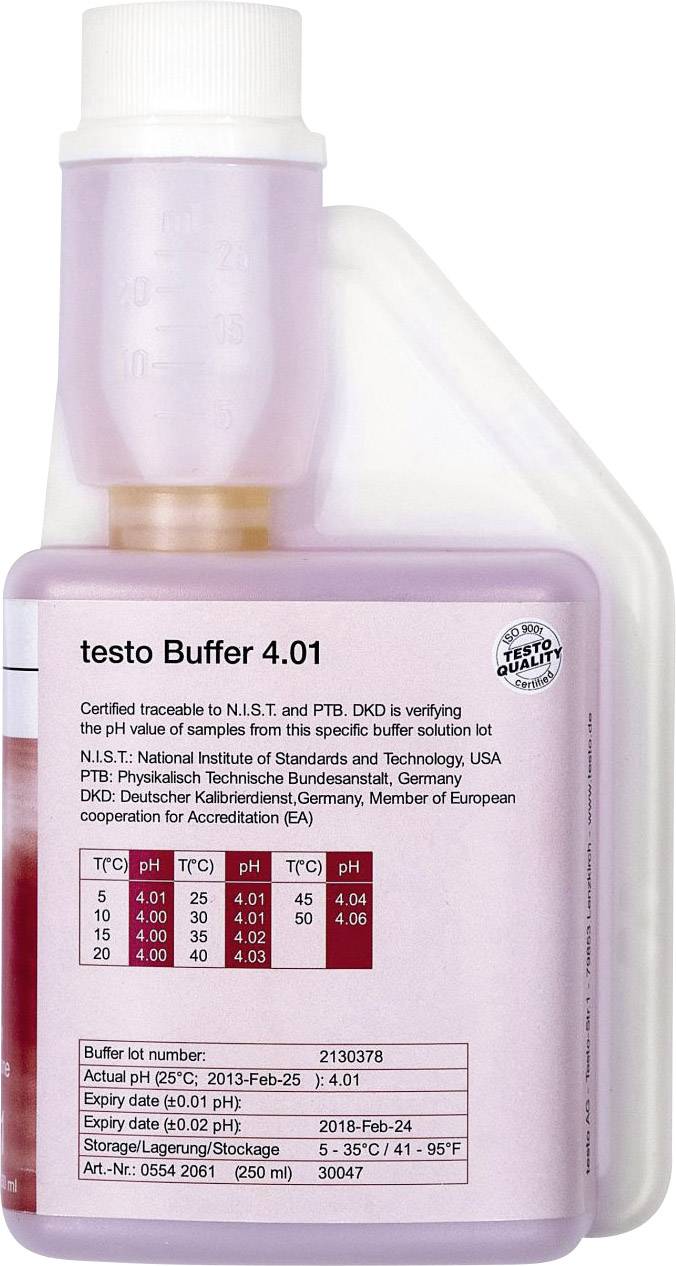 Bottle of pH buffer solution 4.01. Label shows calibration details and expiry date. Brand name 'testo'.