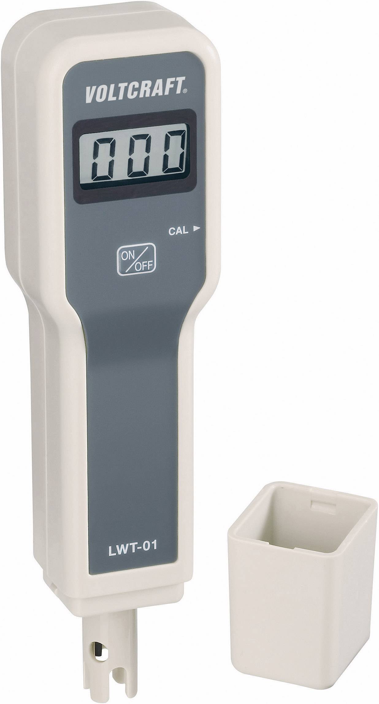Digital Measuring Device 'VOLTCRAFT LWT-01' for Displaying Conductivity Values in Solution. Shows 000 on the Display. Contains 'ON/OFF' and 'CAL' Buttons.