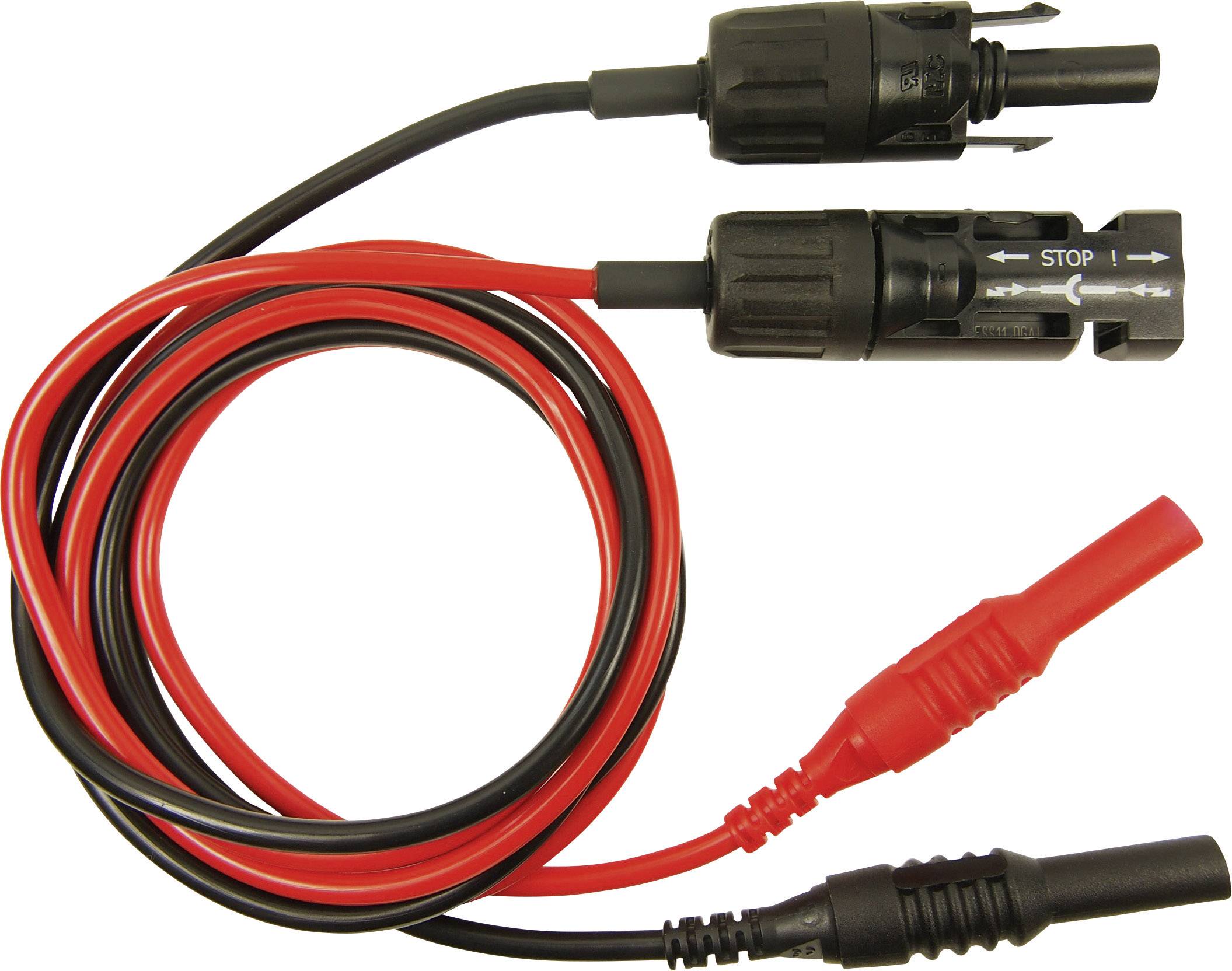Two solar cables, one red and one black, with connectors at both ends, for connecting solar panels.
