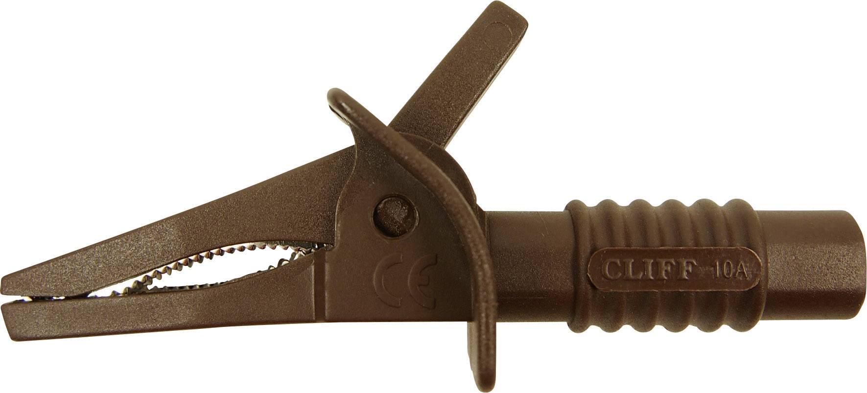 Brown crocodile clip with a ribbed handle and metal teeth, marked 'CLIP-10A'.