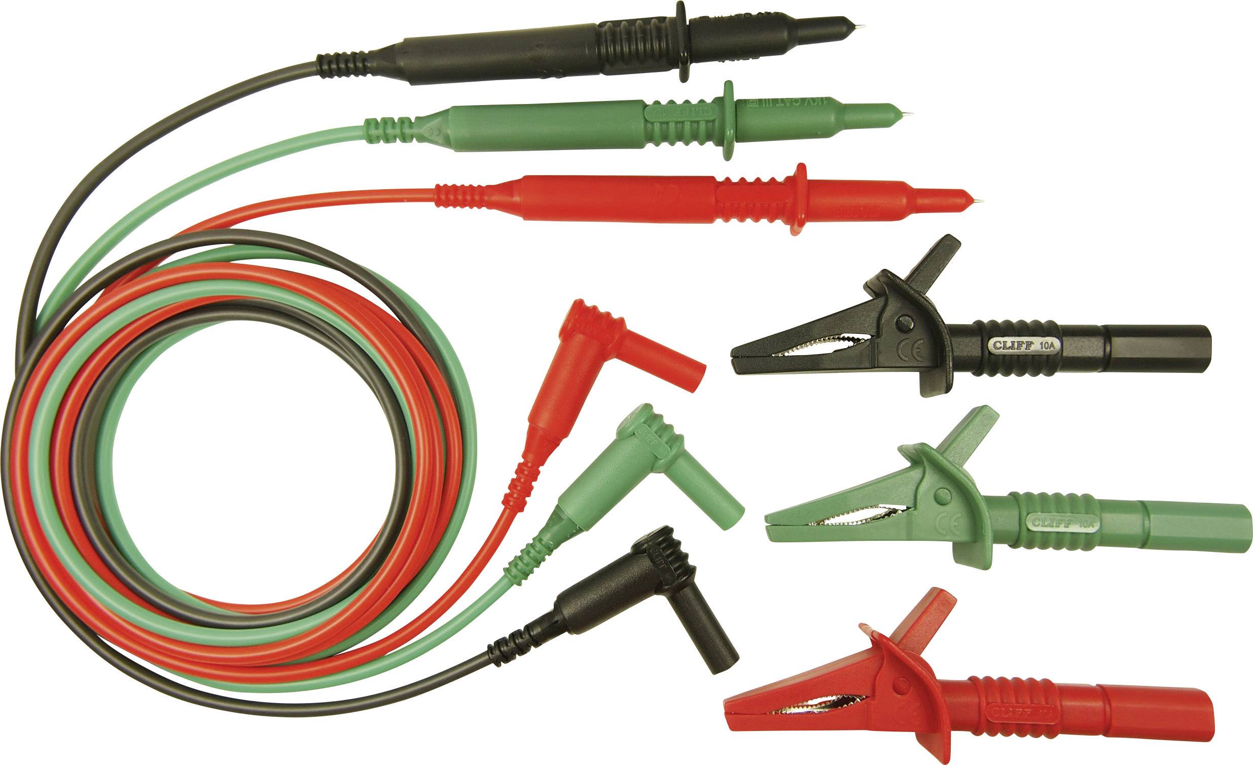 Coloured test clips and cables, typically used for electrical measurements; red, black and green cables with crocodile clips.