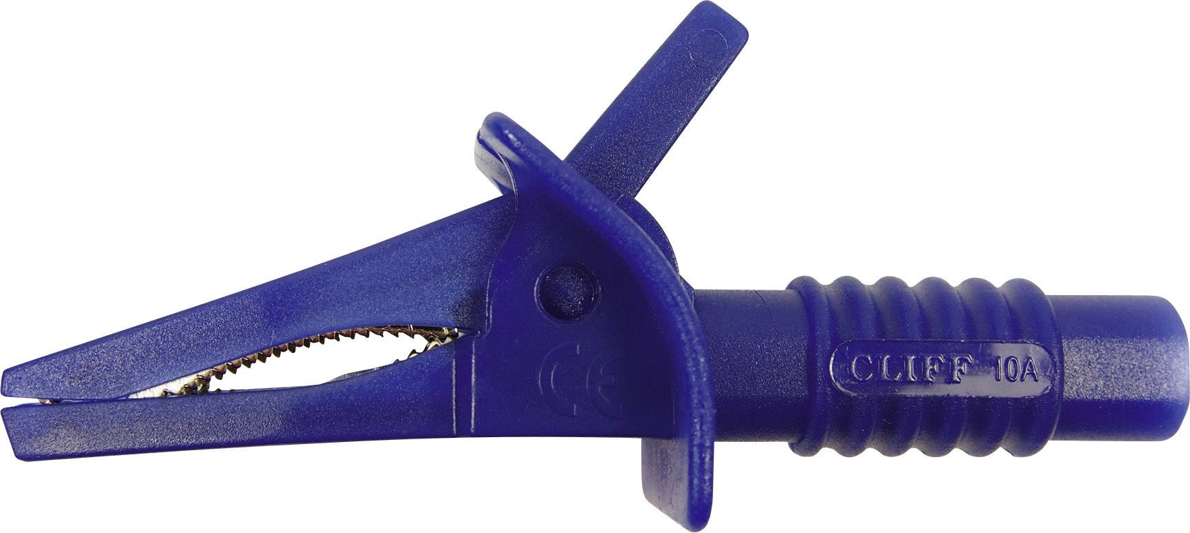 A blue plastic clip with serrated gripping jaws and a grooved handle, used for electrical connections.