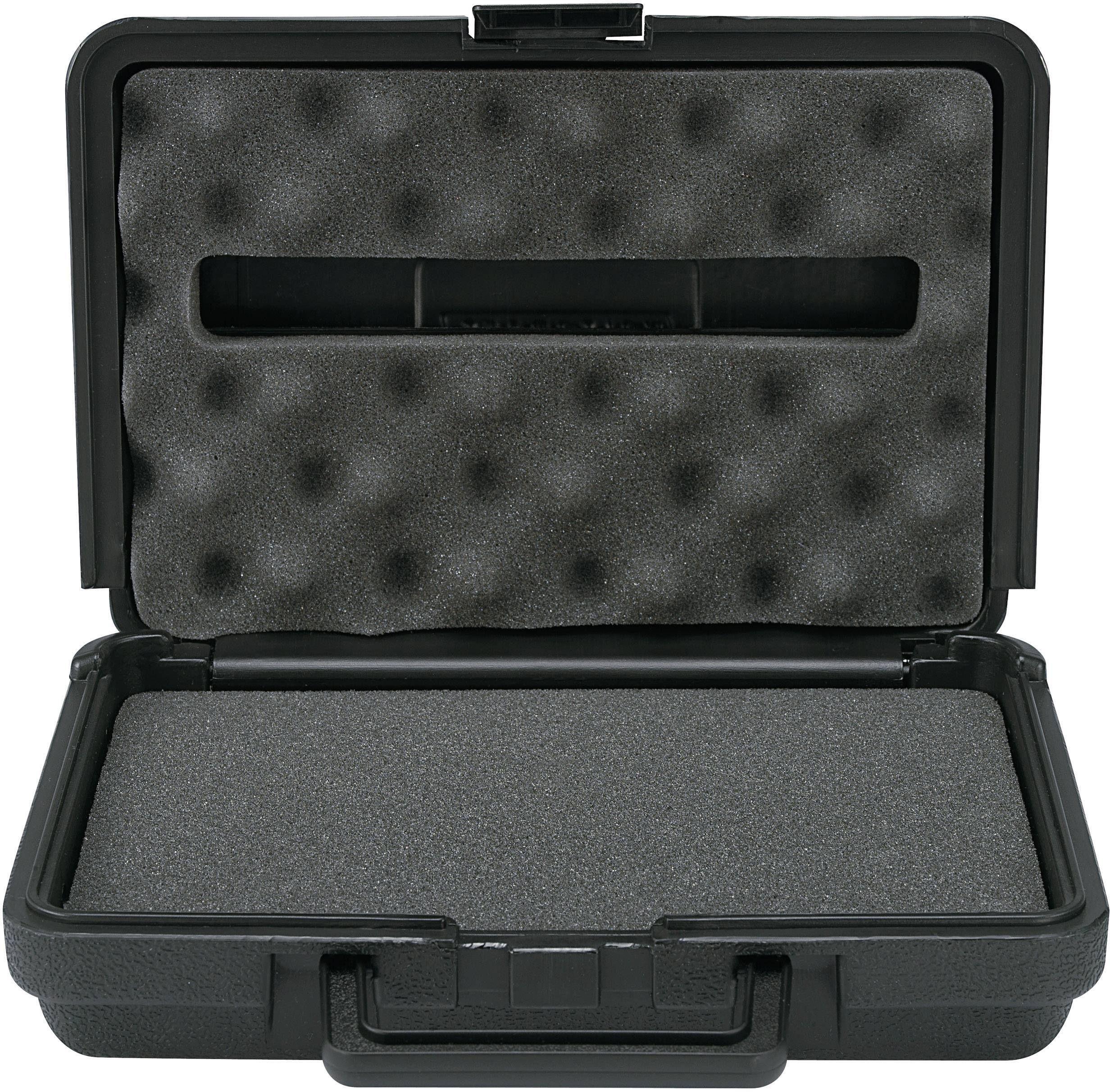 Black hard-shell suitcase with open lid, interior lined with foam padding. The suitcase is standing on a flat surface.