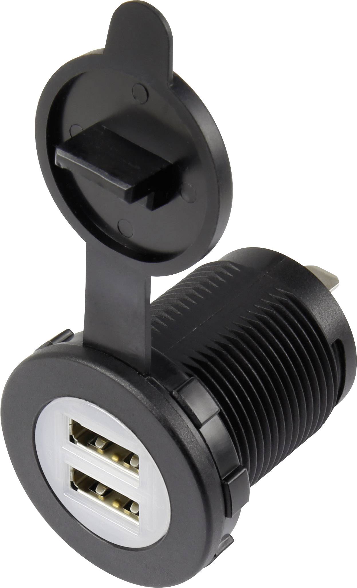 A black, cylindrical USB charging port with two USB slots and a removable cover, open and ready for use.