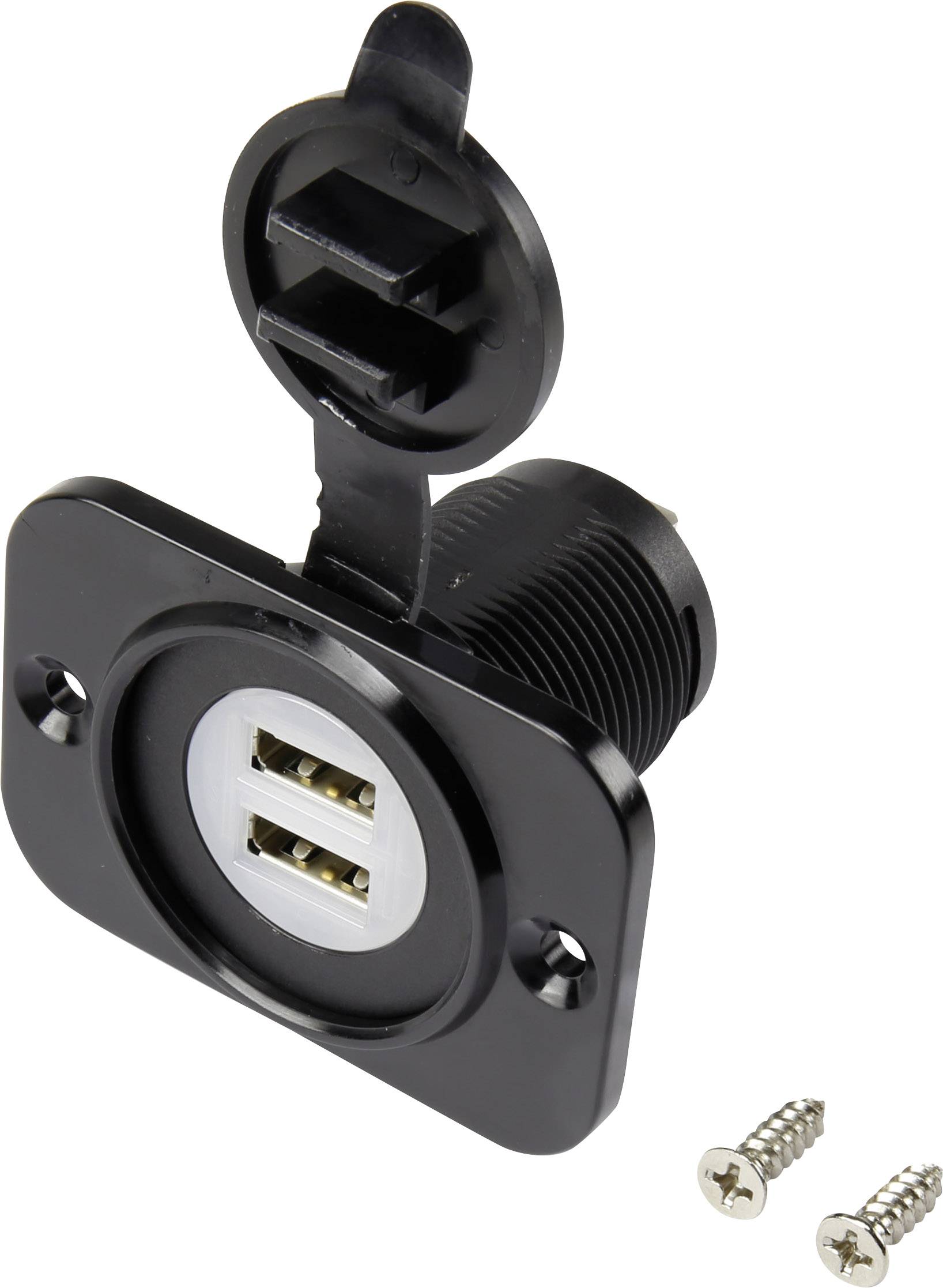 USB flush-mount socket, dual-port, black, round, with cover and two mounting screws.
