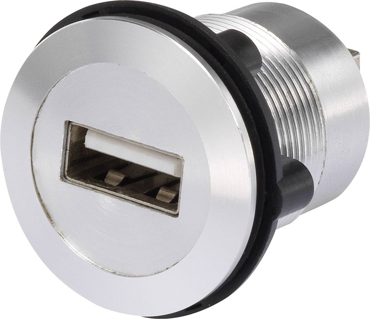 A silver USB port in a cylindrical form, ideal for integration into surfaces for charging or data connection purposes.