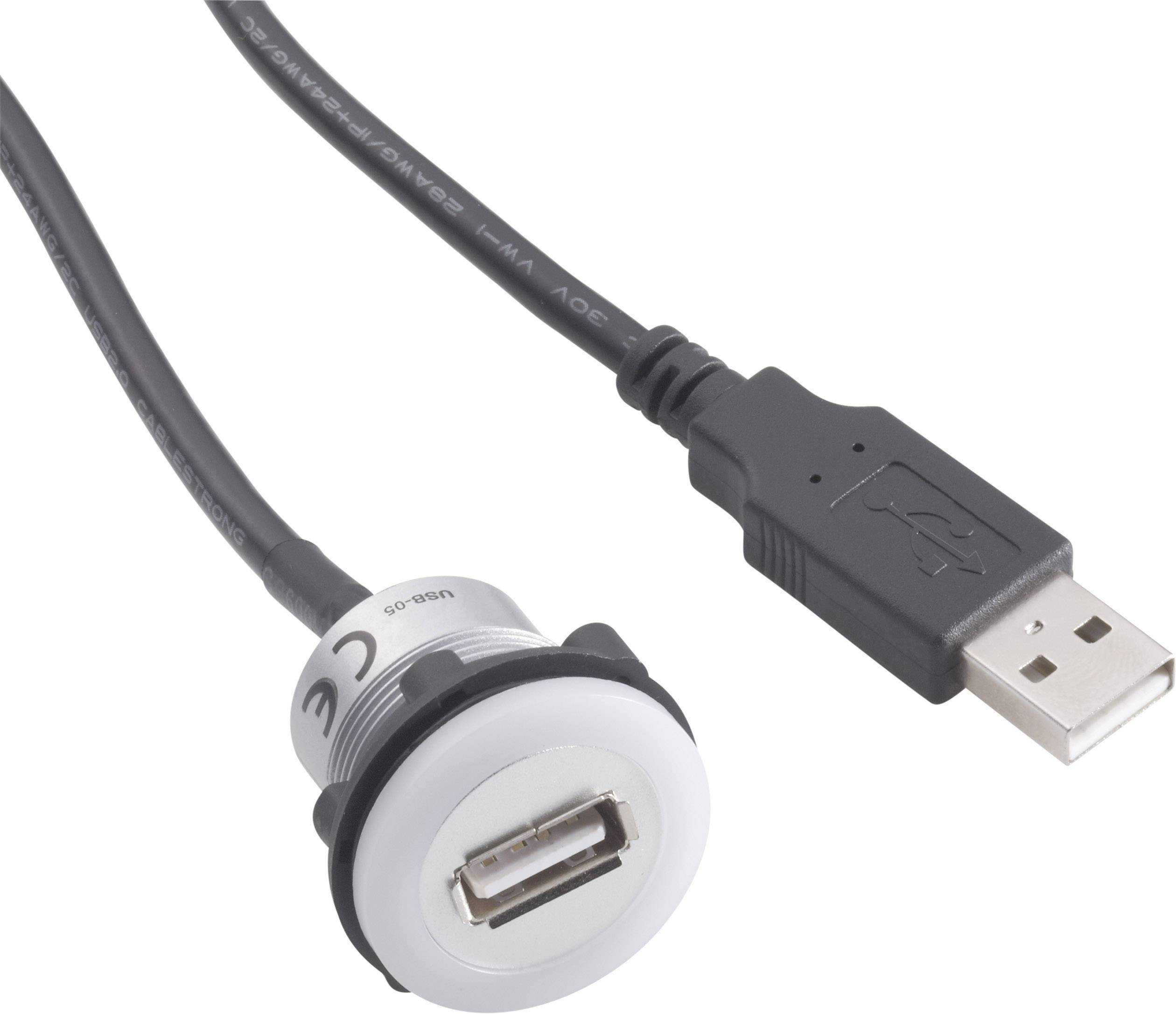 A black USB cable with a round, white USB port adapter.