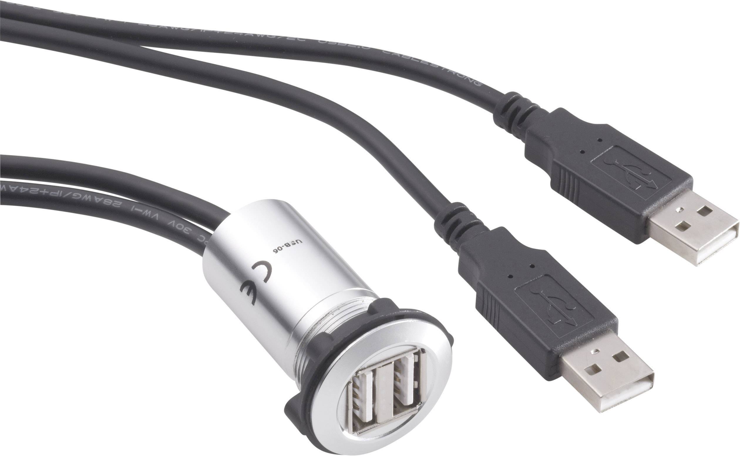 Double USB cable plug with two USB-A ports at one end and a single housing on the other end for connection.