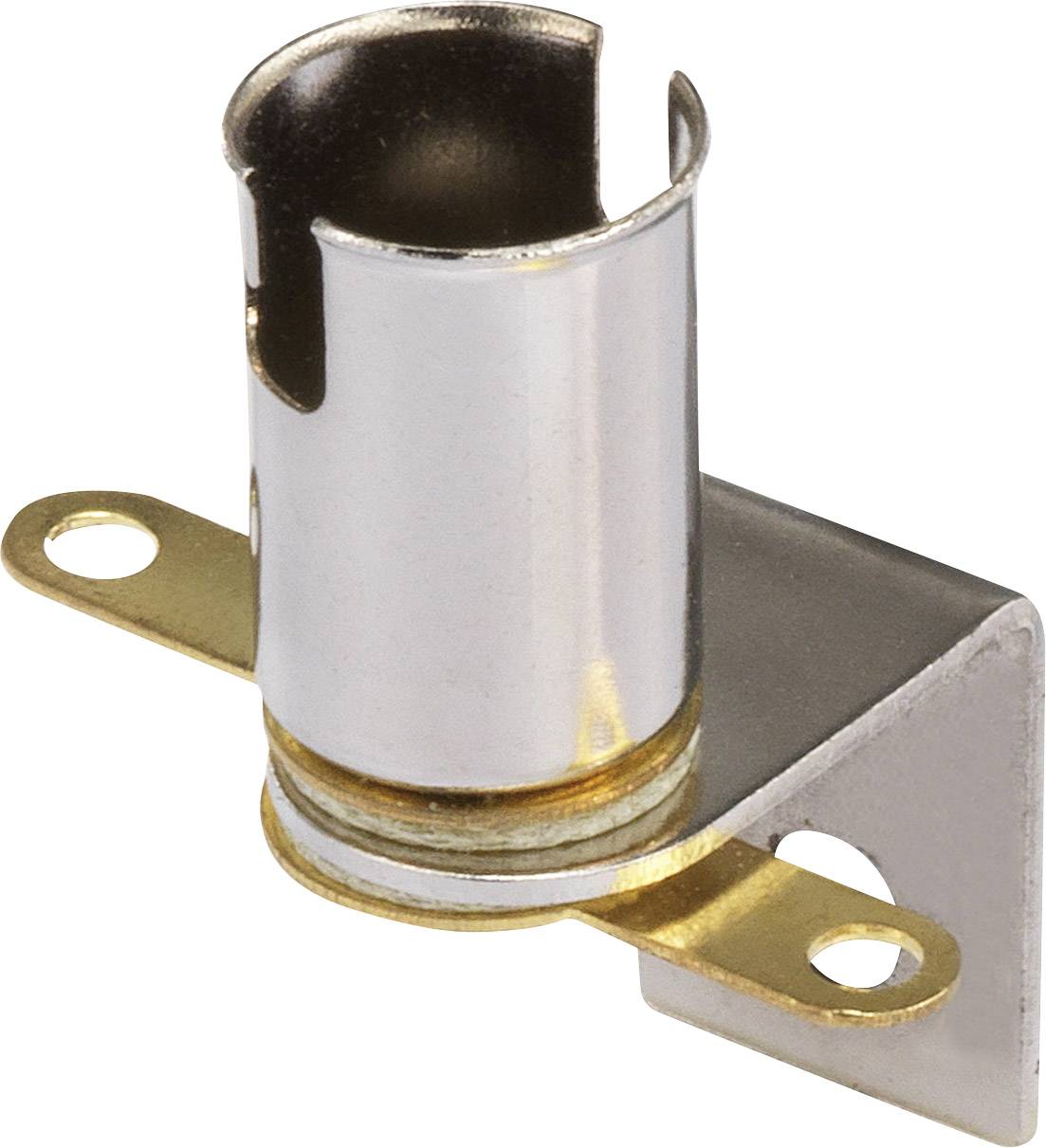 Metal mounting bracket: Cylindrical component made of shiny metal, with a side recess, secured on an angle with two holes.