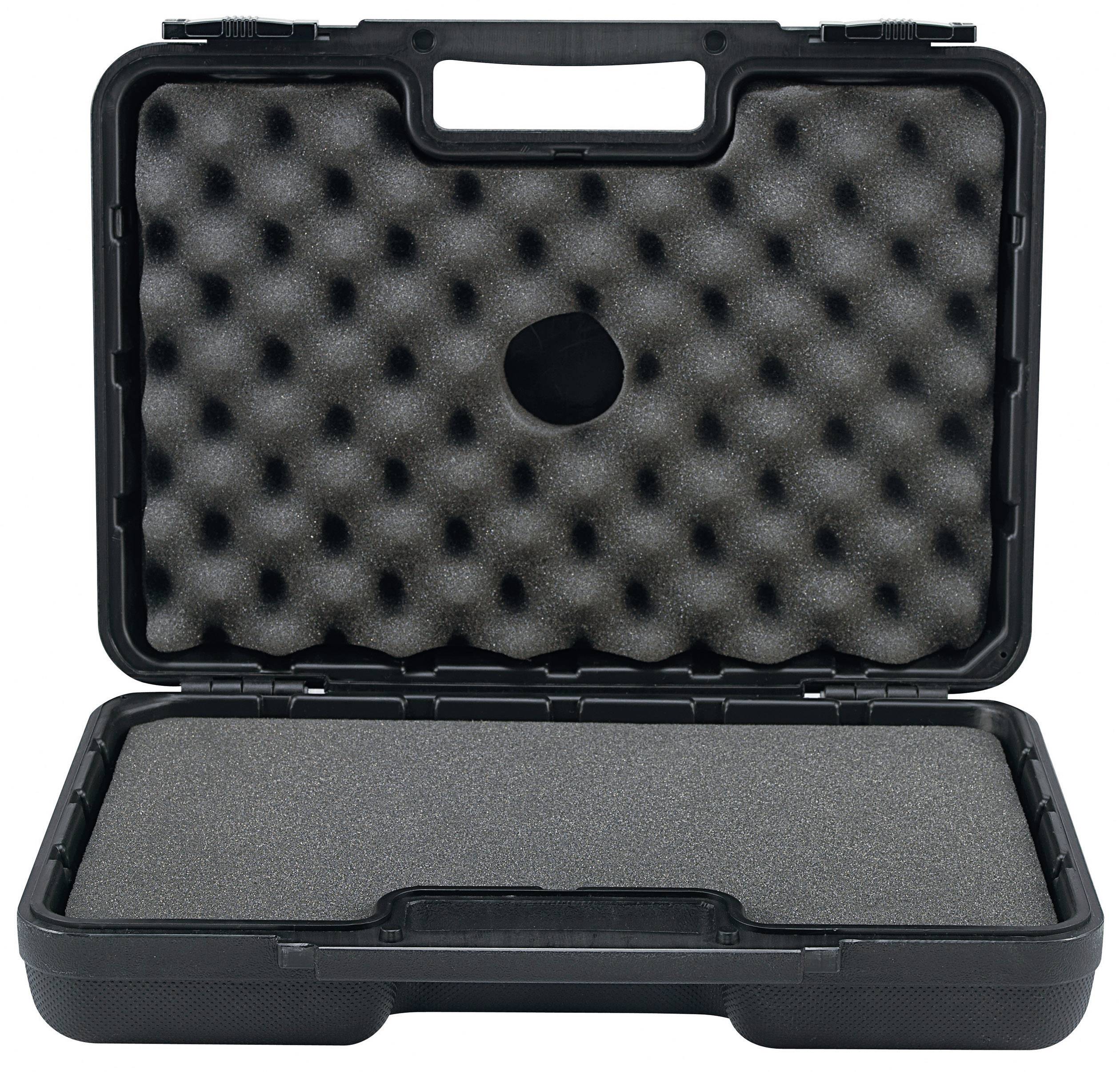 A black plastic case with foam-padded interior, opened. Ideal for the secure transportation of delicate equipment.