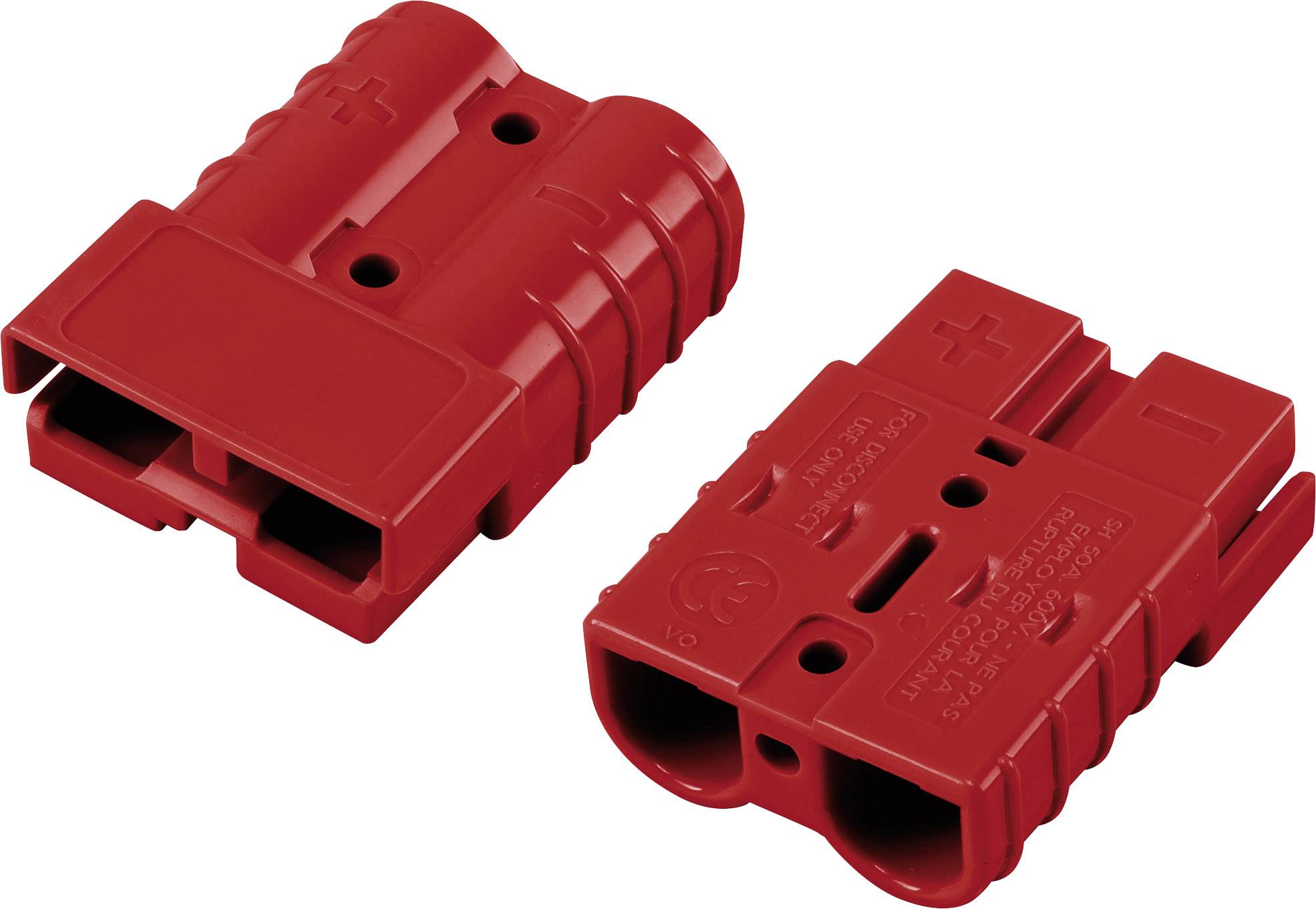 Two red connectors with positive and negative symbols positioned side by side, suitable for electrical applications.
