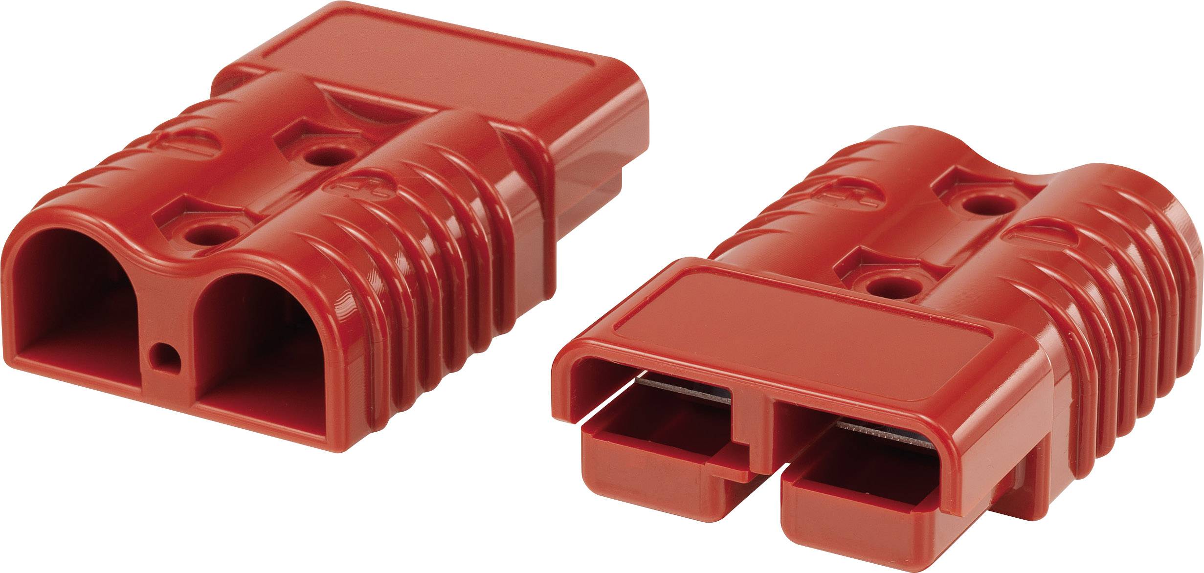 Two red electrical connectors in an open position, revealing internal structure. Suitable for high current intensities, robust design.
