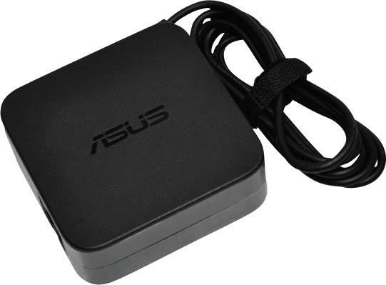 Black laptop power adapter with coiled cable and ASUS logo on the top surface.