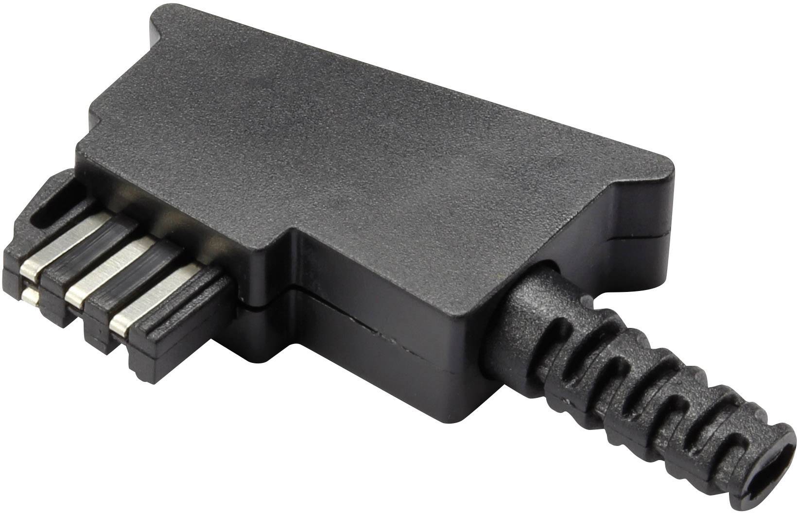 A black, rectangular electrical plug with four metallic contacts and a wavy cable sheath.