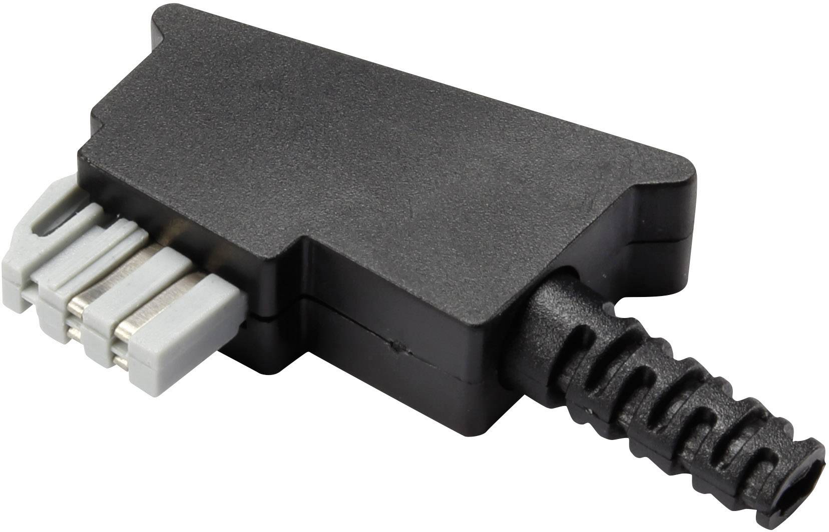 Black angular plug with three silver terminals and flexible cable protection. Suitable for electrical connections.