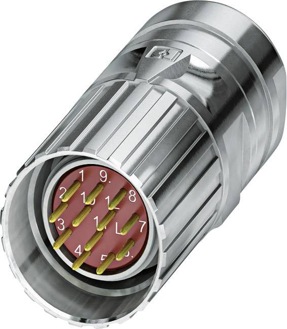 A silver, cylindrical plug with nine numbered golden contacts on a red background, viewed from the front.