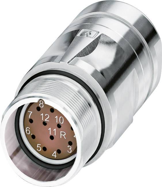 Cylindrical metal plug with 12 numbered pins, partially enclosed in a housing. Used for electrical connection.