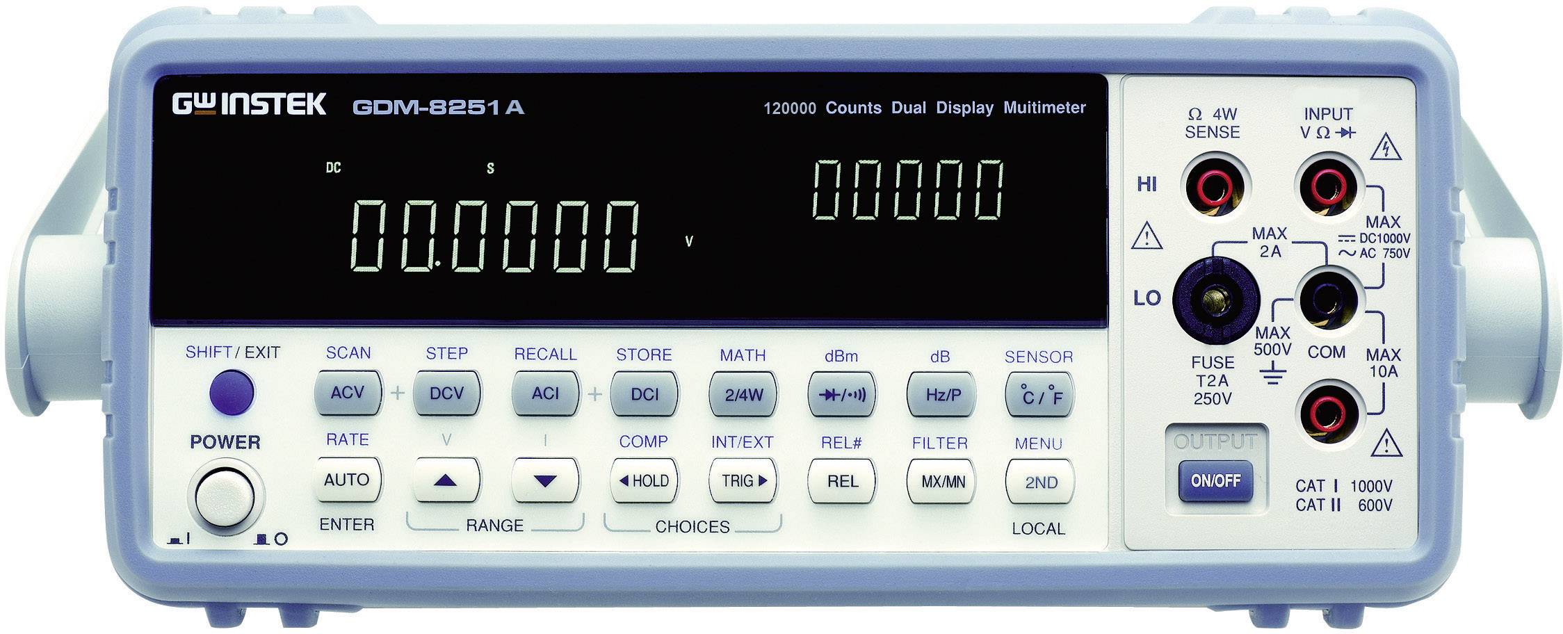 Digital multimeter with display, buttons and measurement sockets. Device can measure voltage, current and resistance.