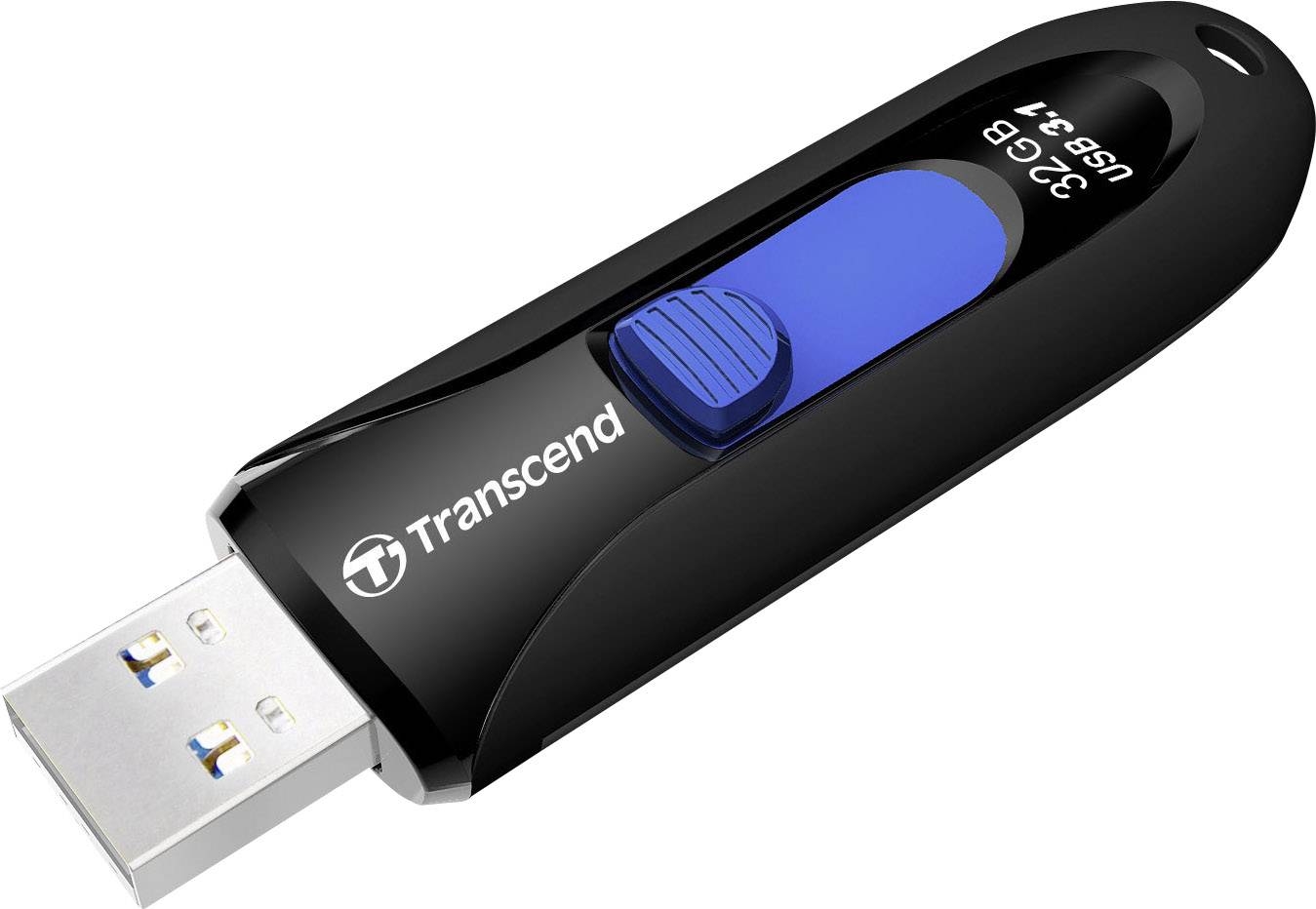 A black USB stick with a blue sliding mechanism, capacity '32 GB', brand 'Transcend'.