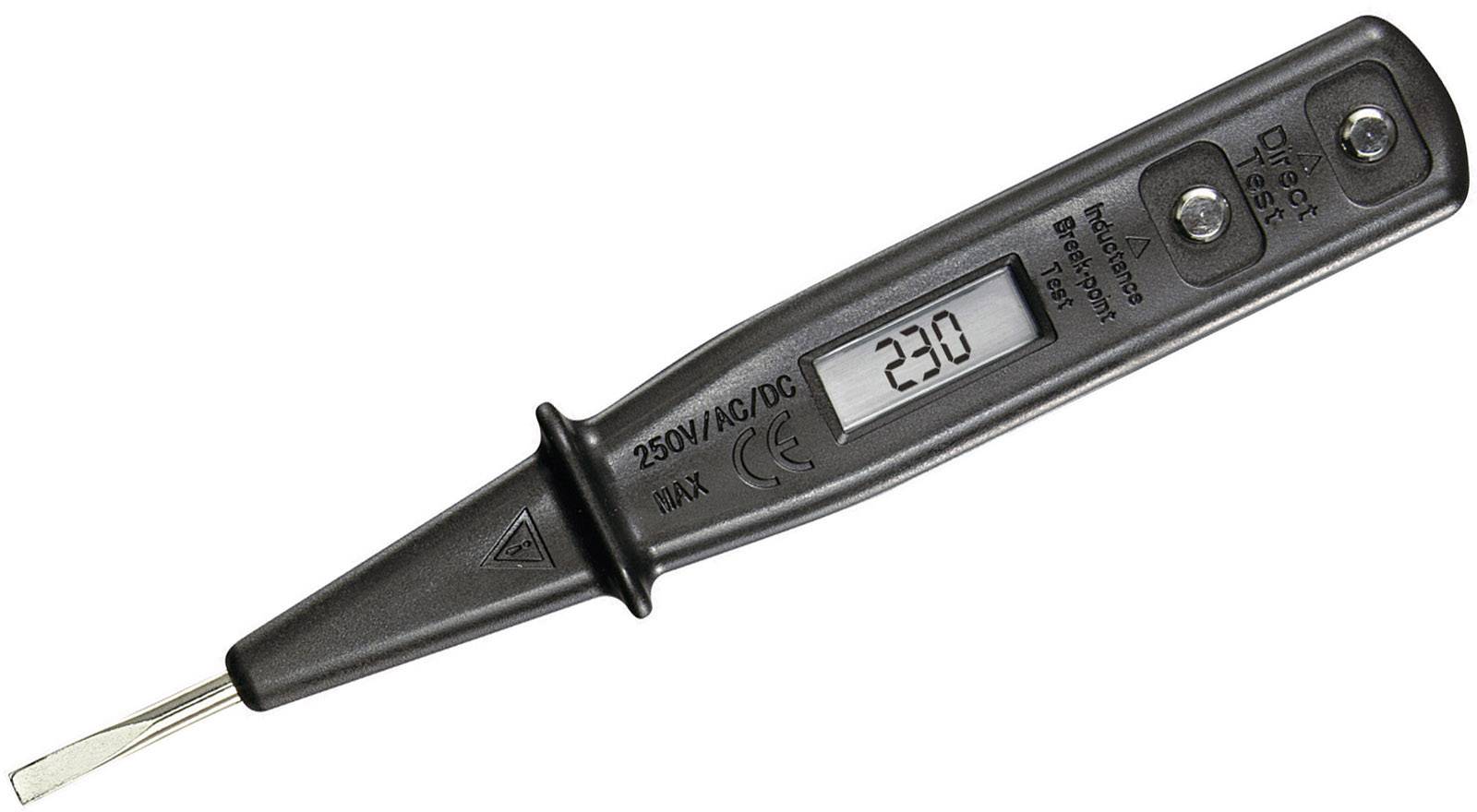 A voltage tester with a digital display shows '230' volts. Designed for measurements up to 250V for alternating and direct current.