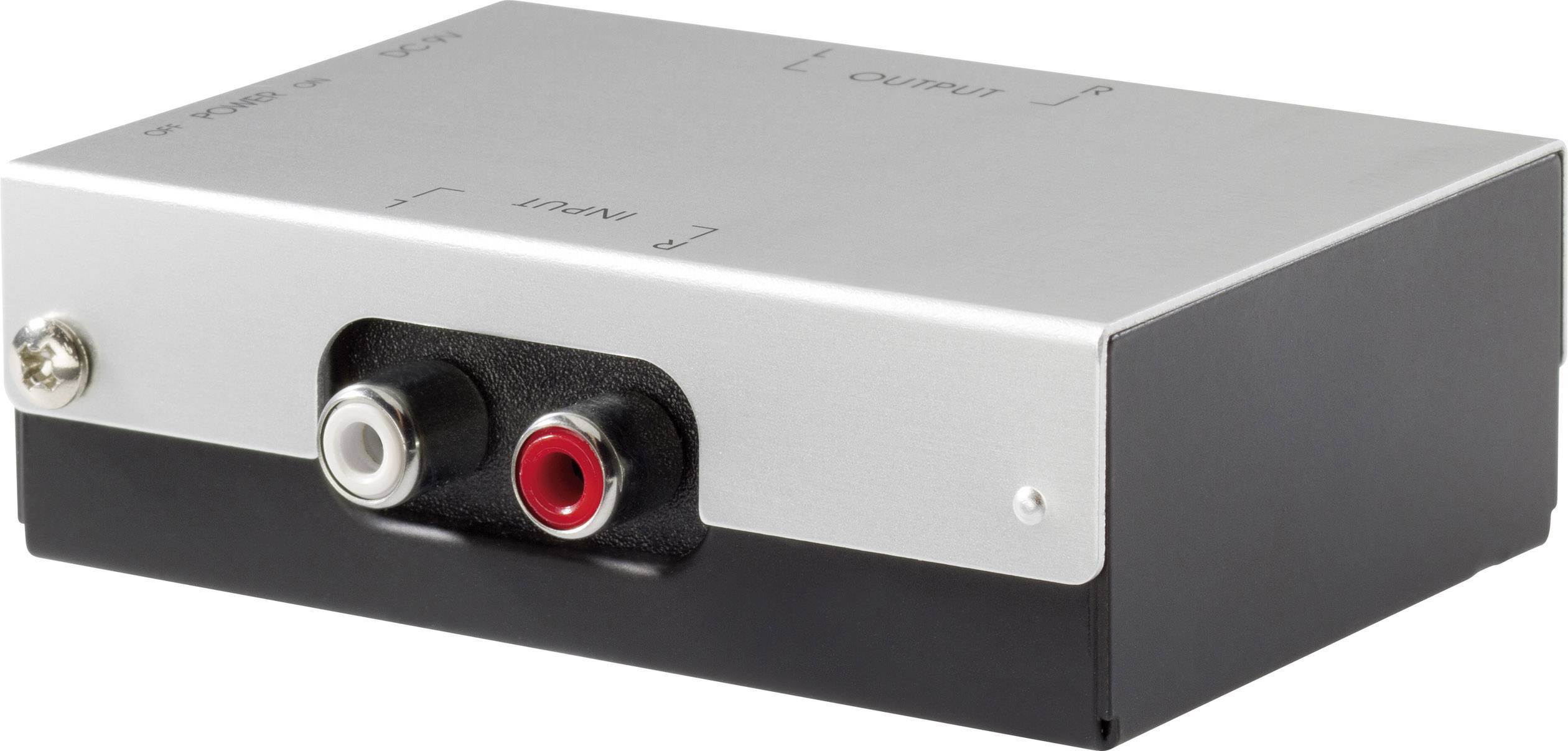 A silver-black electronic device with audio inputs and outputs, identifiable by the red and white marked sockets.