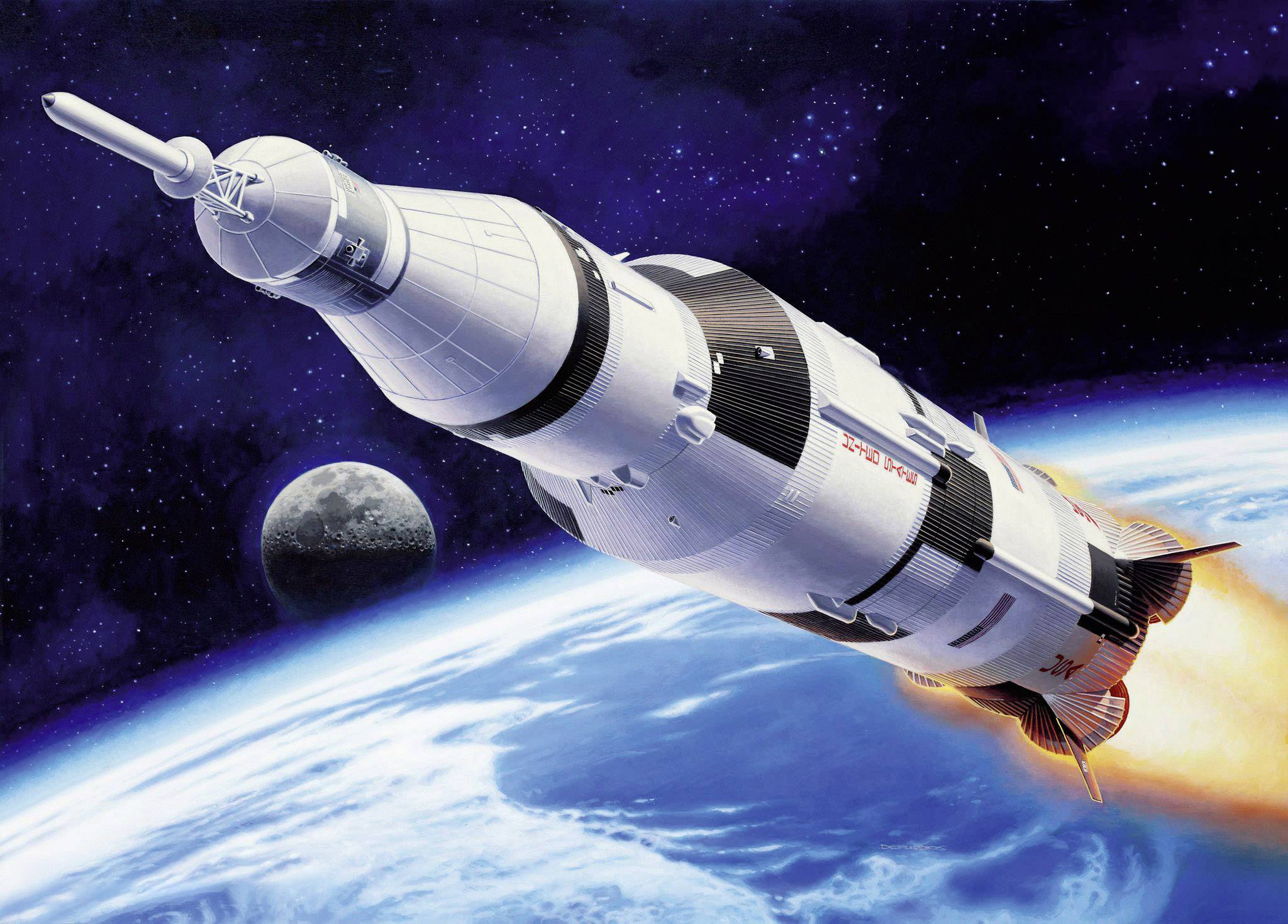 A rocket flies into space, with the Earth globe in the background and the Moon visible. The rocket emits flames that intensify its launch.