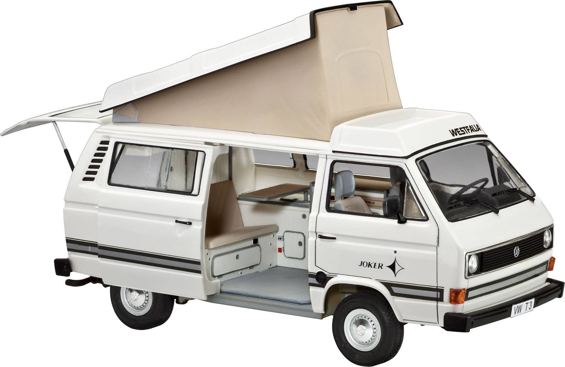White retro camper van with a pop-up roof and sliding side door. The interior is partially visible.